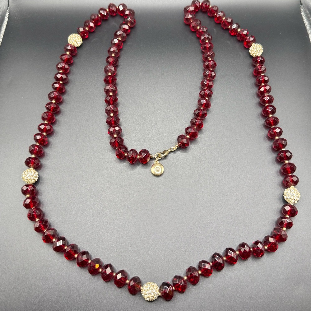 Jones New York Long Beaded Necklace Red Faceted and Gold Tone with Rhinestones